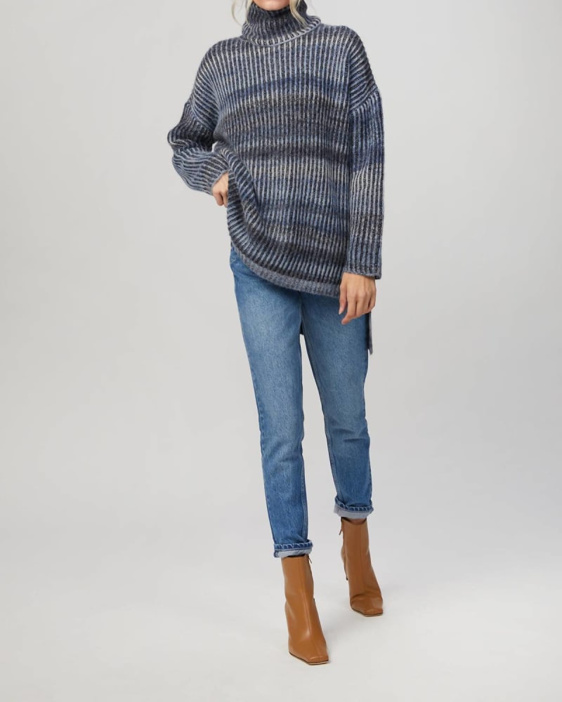 Front of a model wearing a size L Mock Neck Tunic Pullover in Blue Combo in Blue Combo by NAADAM. | dia_product_style_image_id:345858